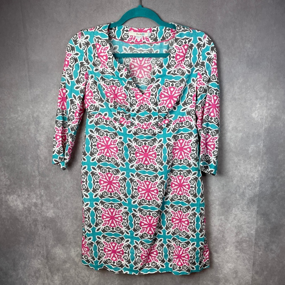 Boden Dress Womens Size 2P 100%‎ Linen A-Line 3/4 Sleeves V-Neck Colorful